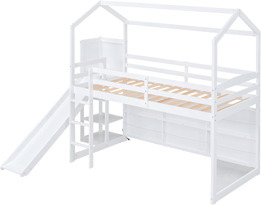 White Twin Loft Bed WithOverheadStorageCompartments