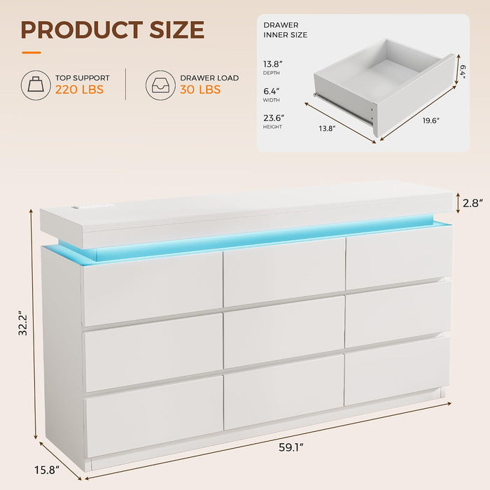 9 Drawer Dresser with LED Lights and Charging Station, Modern White Dresser