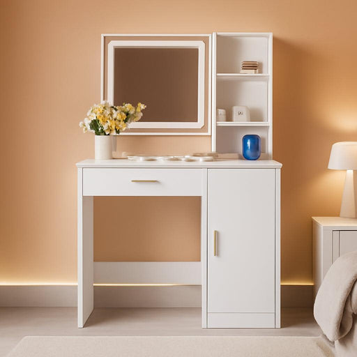 Vanity Desk with Mirror and Lights, Makeup Table with Drawer, Cabinet and Open Shelves, Bedroom Dressing Table with Charging Station, White