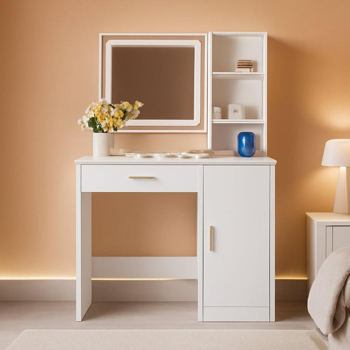 Vanity Desk with Mirror and Lights, Makeup Table with Drawer, Cabinet and Open Shelves, Bedroom Dressing Table with Charging Station, White