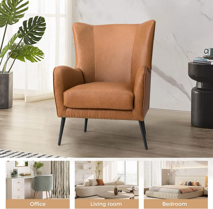 Faux Leather Accent Chair W/Removable Cushion, Comfy Upholstered Armchair with Black Metal Legs & Nailhead Trim Wingback Vanity Chair Desk Chair for Reading Living Room Bedroom, Camel