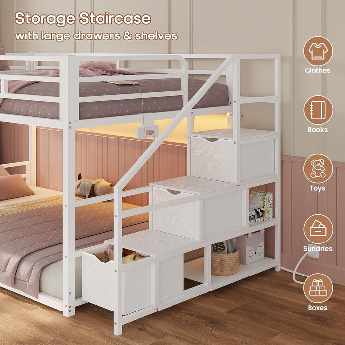 White Twin Over Twin Bunk Bed IntegratedStorageDrawers