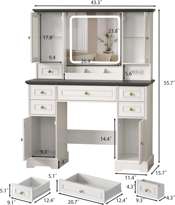 White Farmhouse Vanity Desk With Illuminated Mirror