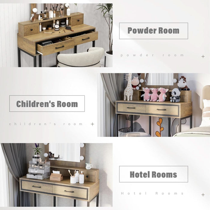 Vanity Desk with Mirror and Lights, Makeup Vanity with 3 Color Dimmable Lighted Hollywood Mirror, Brown Makeup Table with 4 Drawers, Large Dressing Table for Women Girls