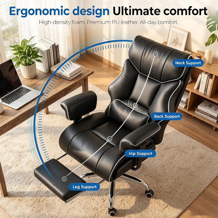 Big and Tall Office Chair,Heavy Duty Gaming Chair with Foot Rest and Wide Pocket Spring Cushion Reclining Height Adjustable for Home Office Work, Comfy Pu Leather Black-White