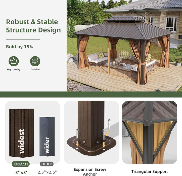 12’X16’ Hardtop Gazebo, Permanent Metal Pavilion with Galvanized Steel Double Roof, Outdoor Pergola with Nettings and Curtains for Lawn, Garden, Patio (Brown)
