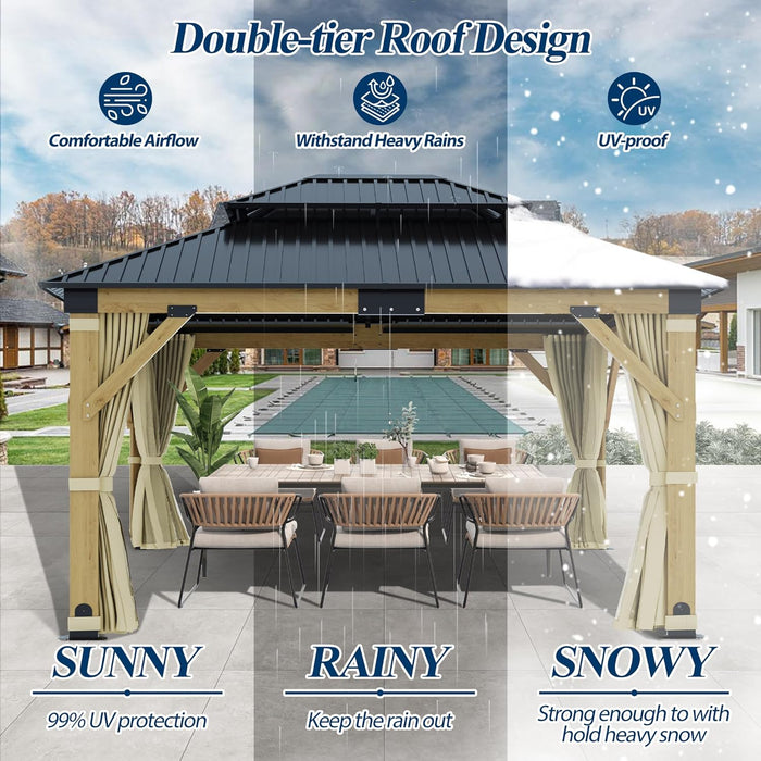 11FT X 13FT Outdoor Wood Gazebo - Patio Wooden Gazebo with Galvanized Steel Hardtop, Heavy-Duty Double Roof Gazebos with Netting & Curtains for Garden, Poolside, Deck, Backyard