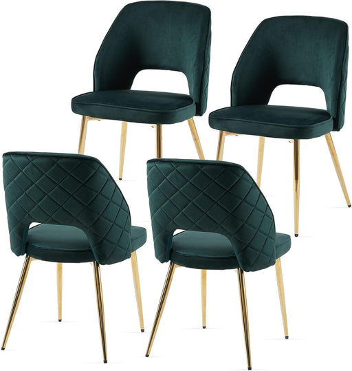 Modern Dining Chair Set of 4, Forest Green Velvet Fabric Upholstered Accent Chairs with Golden Metal Legs, round Back Side Chairs for Kitchen Living Room Bedroom