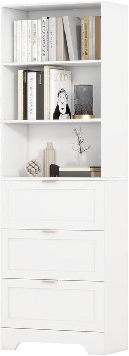 71" Tall Modern White Bookshelf with Storage 3 Drawers Freestanding Display Bookcase, Tall Book Shelf with Organizers and Storage, Display Case for Home Office, Living Room,Study,White