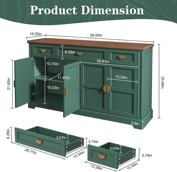 60'' Shaker-Style Large Sideboard Buffet Cabinet with Storage, Green | Credenza Storage Cabinet with 4 Doors and 3 Drawers, Coffee Bar for Kitchen, Living Room
