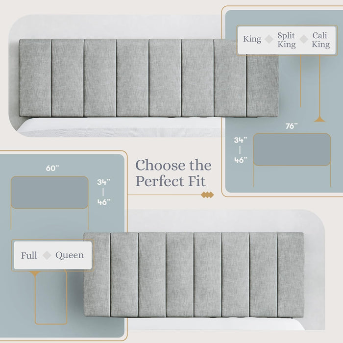 Vertical Channel-Tufted Mid-Rise Upholstered Headboard, Wall or Bed Frame Mount - King or California King (Gray)
