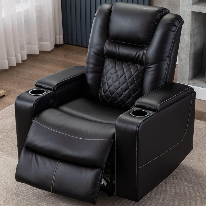 Black Leather Recliner with USB & Cup Holders