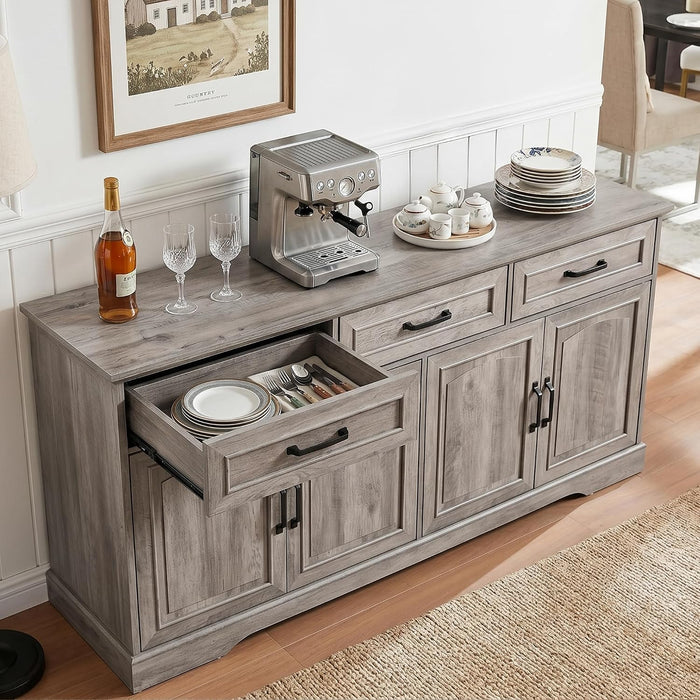 66" Large Sideboard Buffet Cabinet with Storage, Farmhouse Buffet Sideboard | Grey Coffee Bar, Wine Bar, Rustic Kitchen Storage Cabinet with Drawers, Weathered Ash, Ample Storage Space, Adjustable Shelf