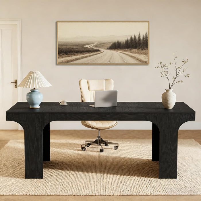 70.9-Inch Executive Desk, Large Wooden Computer Office Desk, Modern Writing Table Business Workspace Home Office Furniture with Arched Design, Black
