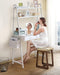 Freestanding Ladder Desks with Power Outlets, Small Home Office Study Reading Desks with 2 Fabric Drawers and Side Bag, Computer Gaming Desk Modern Vanity Dressing Makeup Desk (Elegant White, Ladder)