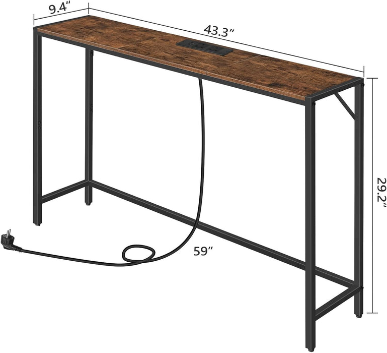 Console Table, Narrow Sofa Table, 43.3” Entrance Table with Power Station, behind Couch Table, Simple Style, for Living Room, Hallway, Entryway, Foyer, Rustic Brown and Black CTHR112E01