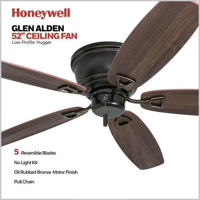 Ceiling Fans Glen Alden, 52 Inch Classic Flush Mount Indoor Ceiling Fan with No Light, Pull Chain, Quick-2-Hang Dual Finish Blades, Reversible Motor - 50516-01 (Oil Rubbed Bronze)