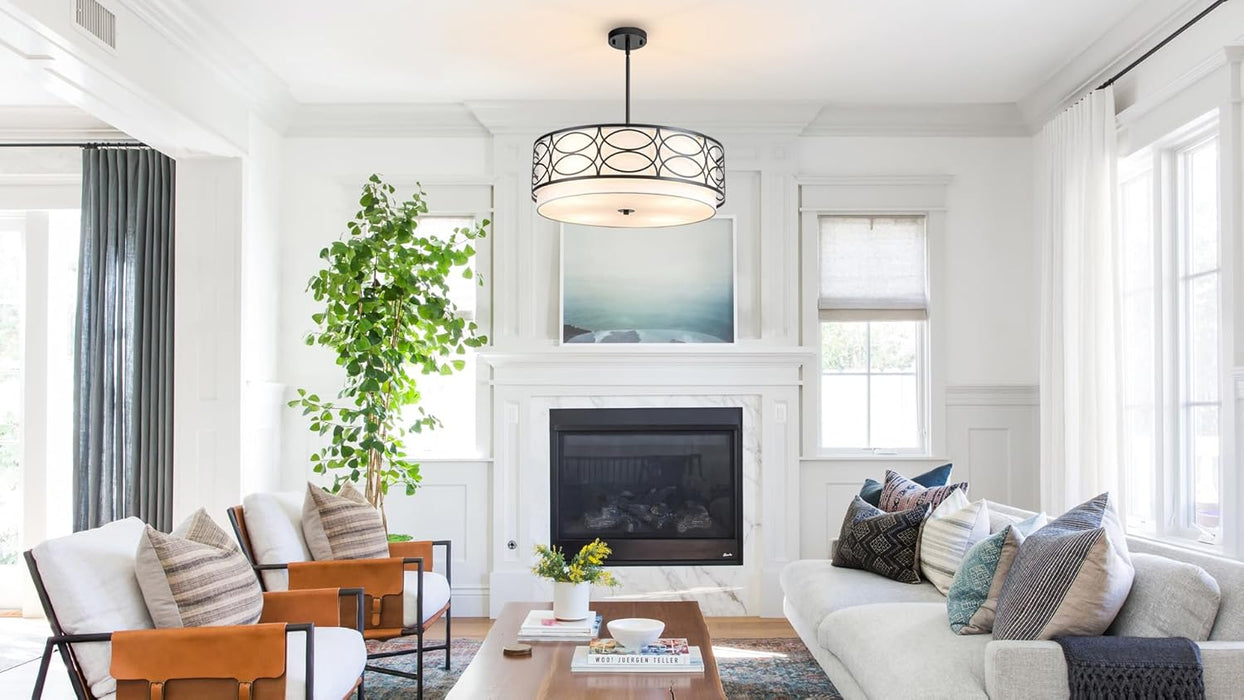 22Inch Drum Chandelier Farmhouse White Fabric Shade