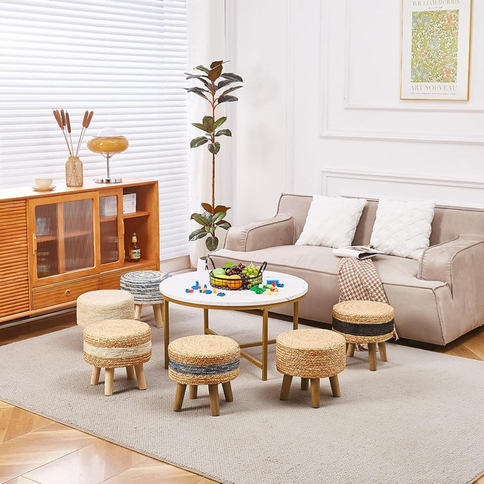 round Ottoman Natural Seagrass Footstool Hand Weave Water Hyacinth Poufs Eco Friendly Sofa Foot Stool Soft Step Stool Padded Foot Rest with Pine Legs for Living Room (Mixed Blue)