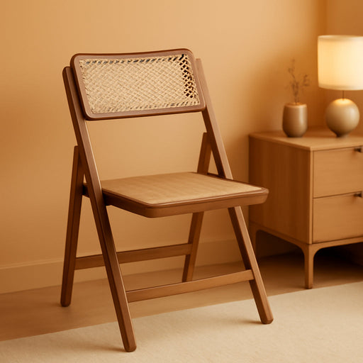 Rattan Folding Chair, Modern Mid Century Dining Chairs Set of 1, Comfy Outdoor Bamboo Chairs for Bedroom Living Room Reading Room Dining Kitchen, Walnut