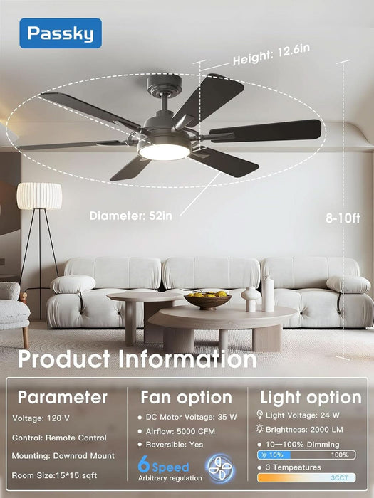 Ceiling Fans with Lights, 52 Inch Ceiling Fan with Light and Remote Control, Reversible, Dimmable, 3CCT, Quiet, Black Modern Ceiling Fan for Bedroom, Living Room
