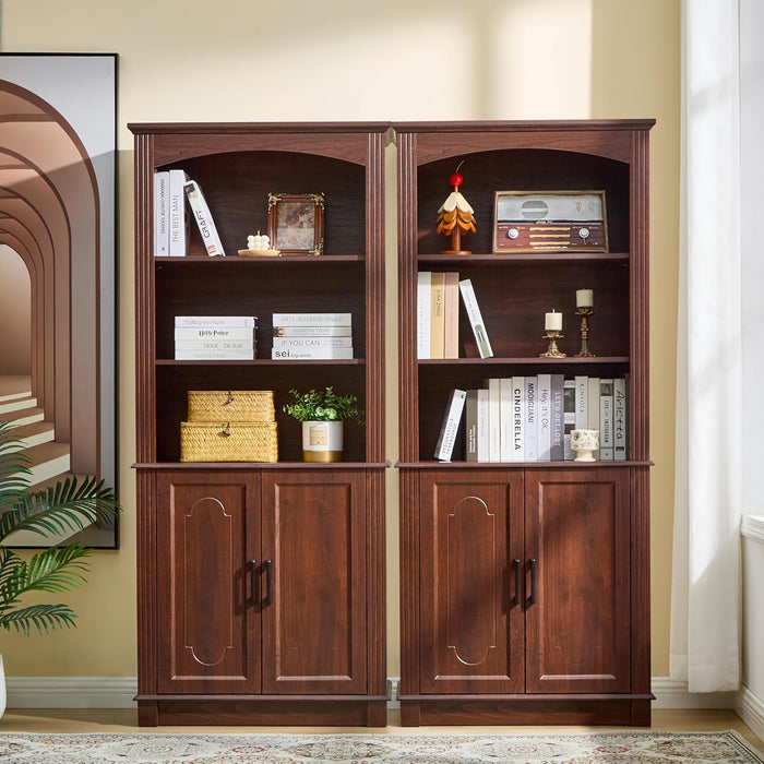 5 Tier Book Shelf and Bookshelf with Storage Cabinet Doors, 72 Inch Tall Bookcase, Wooden Cube Storage Organizer, Kids Bookshelf, Display Cabinet for Bedroom Furniture, Living Room, Pantry Cherry