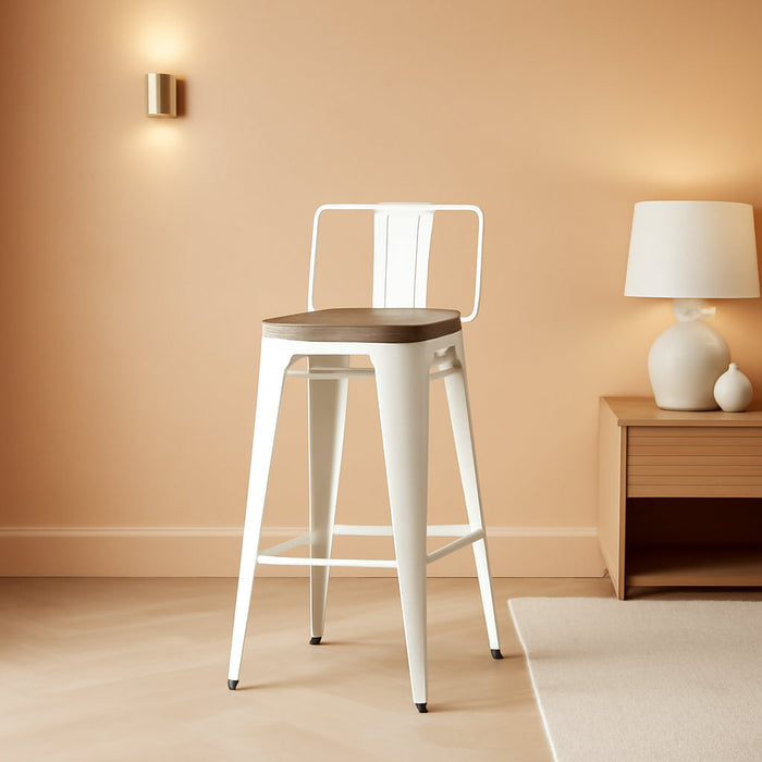 24" Swivel Metal Barstools Set of 4, Counter Height Bar Stools Industrial Bar Chairs with Modern Wooden Top-Low Back, Distressed White