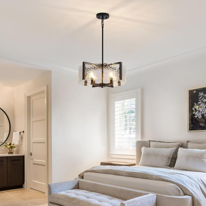 Black Drum Glass Chandelier With Crystal Ripple Shade