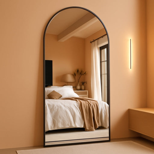 Full Length Mirror, 81"X41" Oversized Floor Mirror Freestanding, Full Body Floor Standing Mirror with Stand, Hanging Mounted for Bedroom Living Room, Black, Arched Style