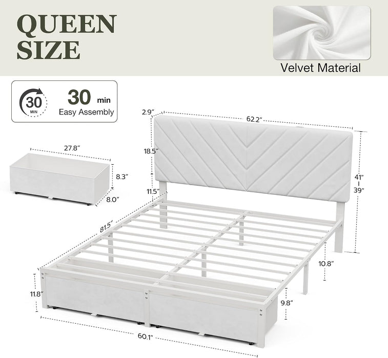 Queen Bed Frame with 2 Storage Drawers, White Velvet Upholstered