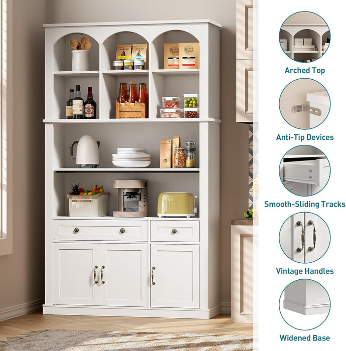 73.2" Tall Farmhouse Arched Bookshelf with Drawer and Door, 6 Tier Mid Century Modern Book Shelf and Bookcase with Storage, Floor Standing Display Cabinet for Living Room, Home Office, White