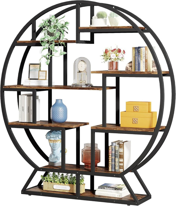 Bookshelf, round Bookshelves Etagere Bookcase, 63 Inch Industrial Wood Book Shelf with Staggered Shelves, Rustic Open Shelving Organizer Rack Display Shelf for Home Office, Living Room