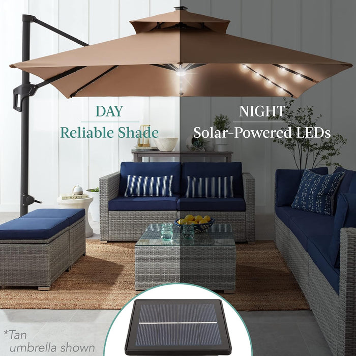 10X10Ft Cantilever Patio Umbrella W/Base Included, Solar LED Lights 360 Rotation Large Offset Hanging Outdoor Shade for Deck Pool Backyard W/Stand – Tan