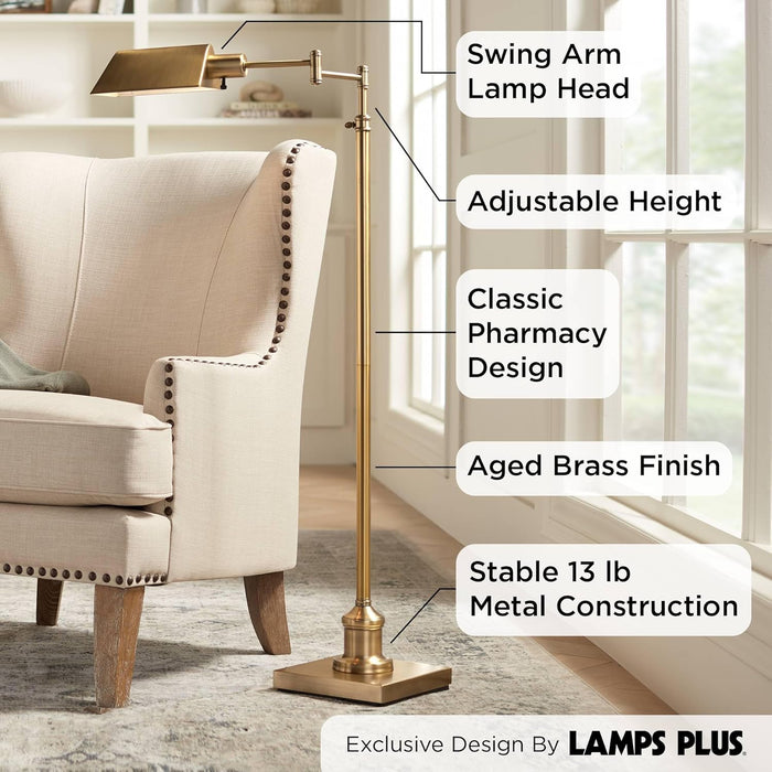 Jenson Traditional Farmhouse Metal Adjustable Pharmacy Floor Lamp Swing Arm 54" Tall Aged Brass Metal Shade Standing Pole Light for Living Room Reading House Bedroom Home Office