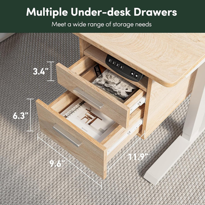 Electric Standing Desk 48 X 24 Inch with Monitor Shelf, 3 Drawers and Open Storage, Home Office Computer Workstation, Pure Maple, 2 Packages