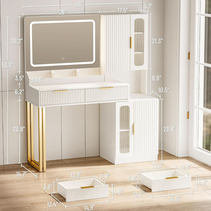 45" Modern Makeup Vanity Desk with Mirror and Lights, Makeup Vanity with 5 Shelves& 2 Drawers and Cabinet, Vanity Table with Power Outlet, 3 Color Adjustable Lighting Dressing Table Set for Bedroom