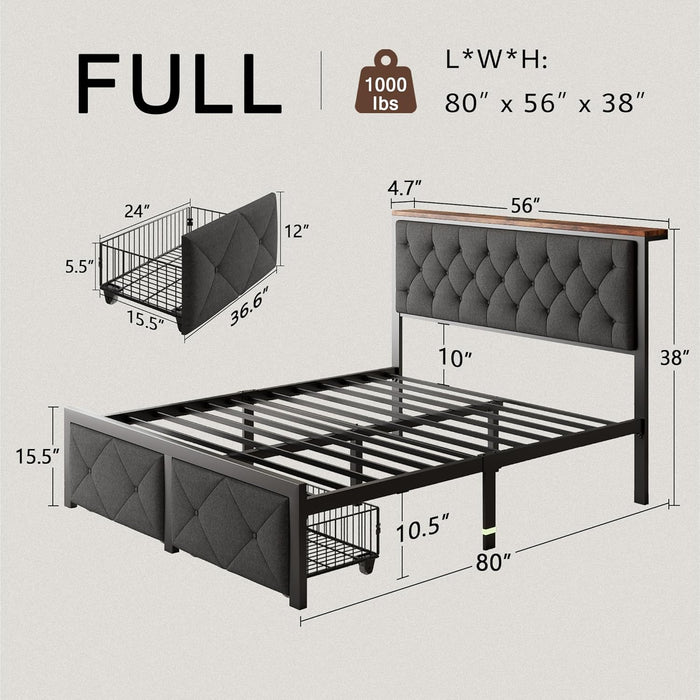Full Size Bed Frame with 2 Storage Drawers, Metal Platform Bed with Charging Station, Upholstered Button Tufted Storage Headboard, No Box Spring Needed, Noise-Free, Easy Assembly, Grey