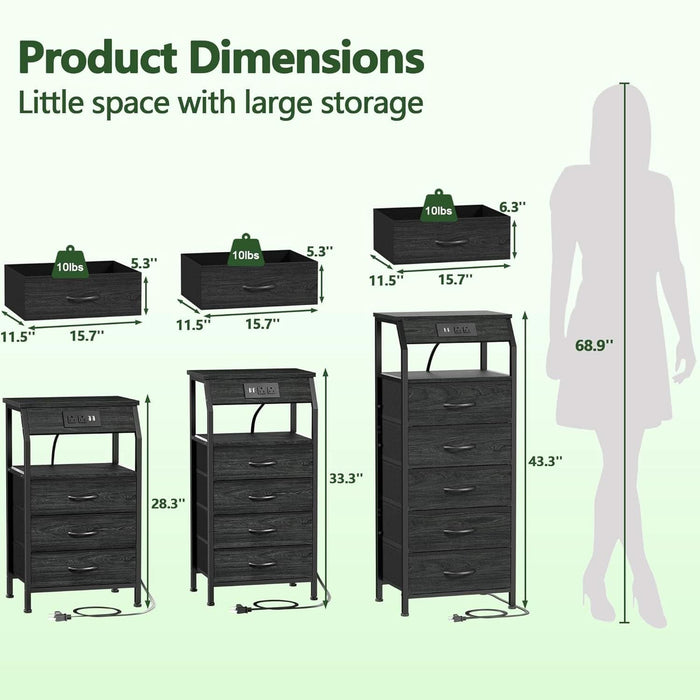 5 Drawers Dresser with Charging Station, Fabric Chest of Drawers with Open Shelf, Tall Night Stand, Bedside Table for Closet, Entryway, Bedroom Furniture, 3 Ways to Use, Black Oak