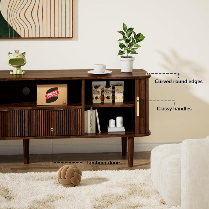 62.4 Inch Fluted TV Stand, Modern Media Console Table with Sliding Tambour Door Farmhouse Sideboard Buffet Cabinet Fits Tvs up to 75 Inch, Wood Entertainment Center for Living Room(Dark Wood)