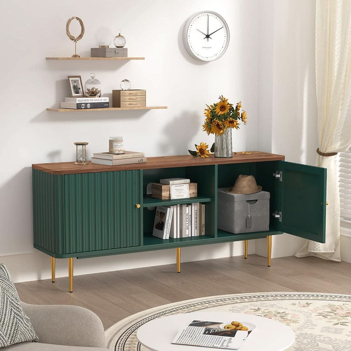 55” Fluted TV Stand, Mid Century Modern Green TV Stand for 55/60/65 Inch TV, Entertainment Center with Storage, Television Stands, TV Console, Media Console for Living Room, Bedroom (Green)