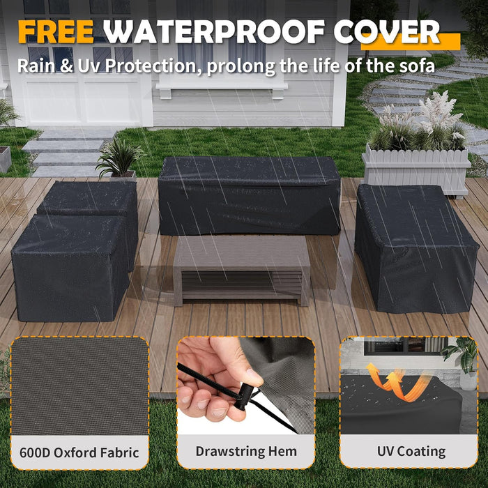 Aluminum Patio Furniture Set, 8 Pieces Modern Metal Outdoor Furniture, Faux Wood Grain Finish Frame Patio Sofa Sets with 6" Cushion for Backyard, Dark Grey (Included Waterproof Covers)