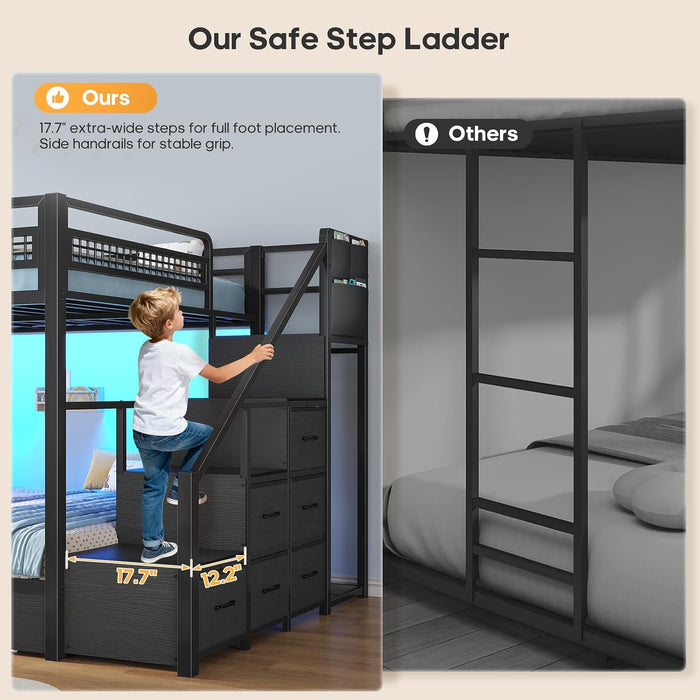 Black FullOverFull Bunk Bed LEDLighting Quality Durable