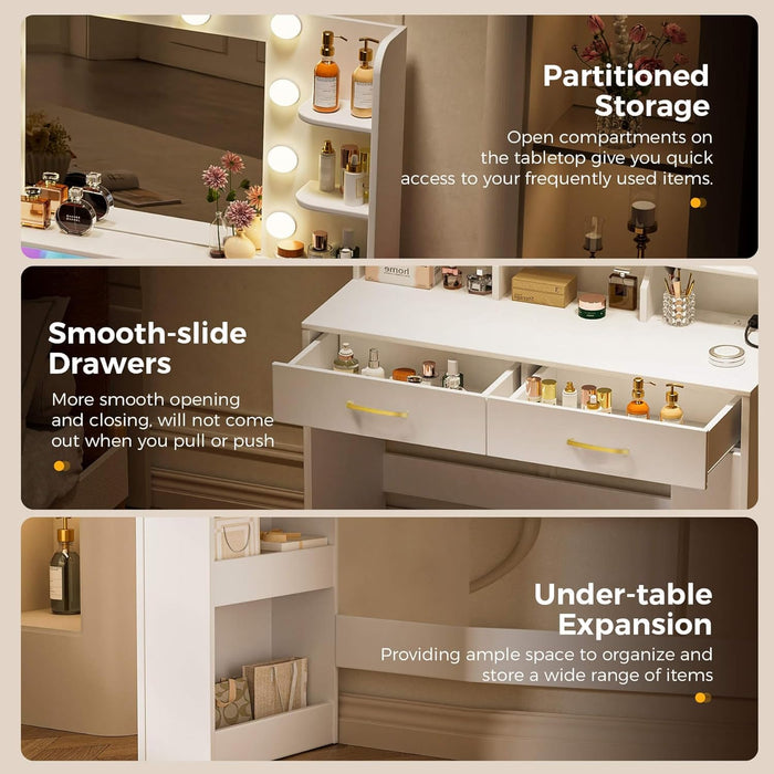 Vanity Desk with Lighted Mirror and Power Outlet, RGB LED Lights Makeup Vanity Set for Girls, Large Storage Capacity Dressing Table for Bedroom, 3 Lighting Modes Adjustable Brightness, White