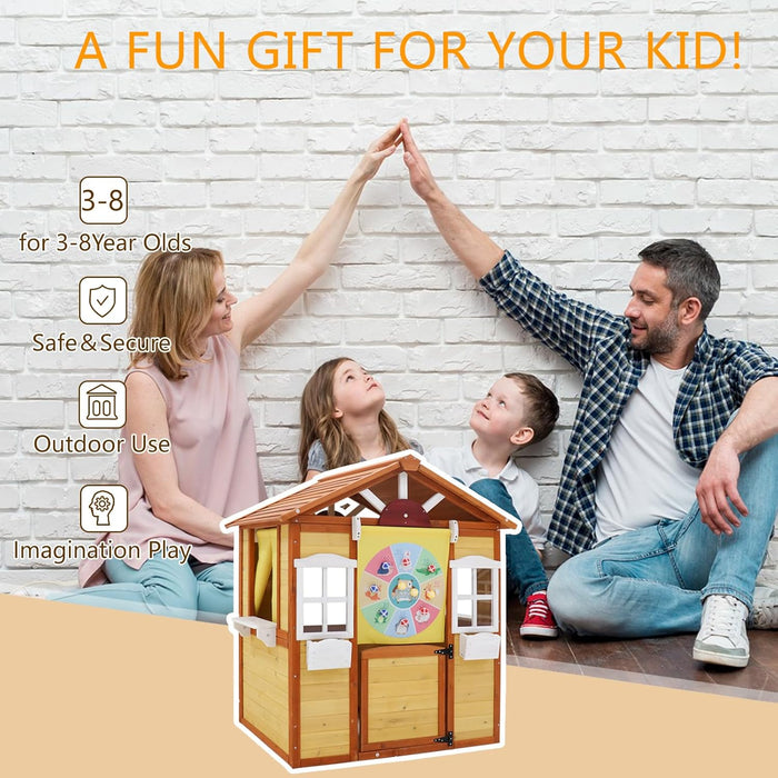 Wooden Playhouse for Kids Outdoor Play House for Kids, with Working Door, Windows, Flowers Pot Holder, Playhouses for Kids Pretend Play House 44.6"X 39" X 50.9"