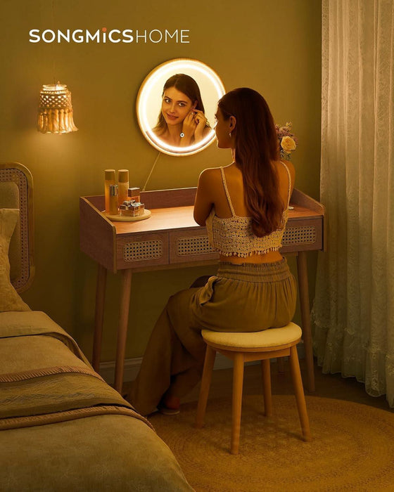 Vanity Desk with Mirror and Lights, Boho Makeup Vanity Table with 3 Rattan-Look Drawers, Dimmable Touch Control Light with 3 Color Temperatures, for Bedroom, Oak Beige