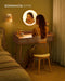 Vanity Desk with Mirror and Lights, Boho Makeup Vanity Table with 3 Rattan-Look Drawers, Dimmable Touch Control Light with 3 Color Temperatures, for Bedroom, Oak Beige