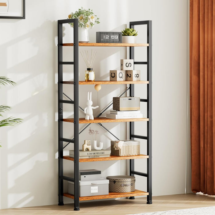 Book Shelf 5 Tier Modern Bookcase Sturdy Metal Storage Organizer Books/Cds/Magazines Industrial Open Display Shelf for Bedroom Home Office Kitchen Living Room