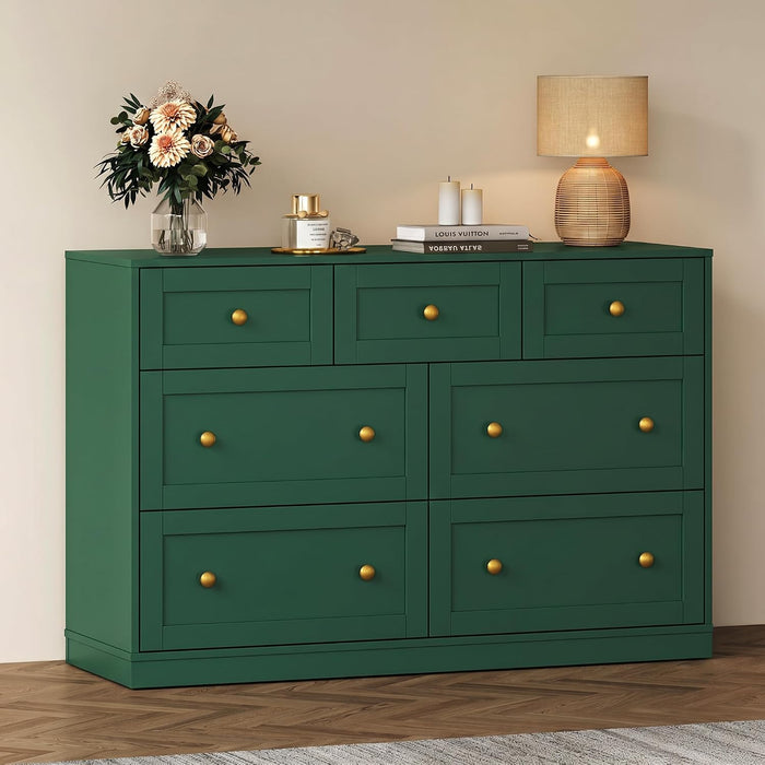 7 Drawer Dresser for Bedroom, Green Wood Chest of Drawers