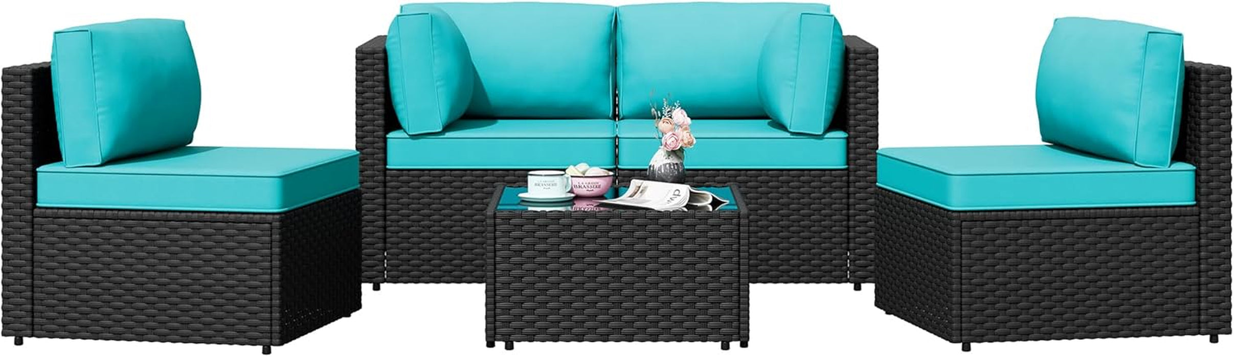 5 Pieces Outdoor Patio Sectional Sofa Couch, Black PE Wicker Furniture Sets, Patio Conversation Sets with Washable Cushions Glass Coffee Table for Garden, Poolside, Backyard,Blue