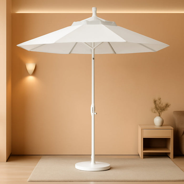 9' round Aluminum Pole Fiberglass Rib Market Umbrella, Crank Lift, Collar Tilt, White Pole, White Olefin